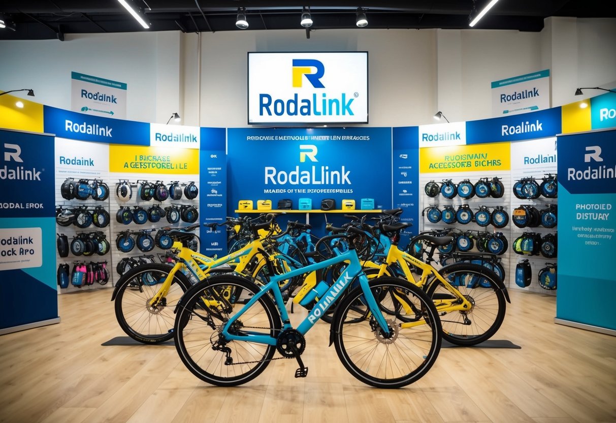 A colorful display of bicycles and accessories with "Rodalink" branding, surrounded by promotional signs and banners