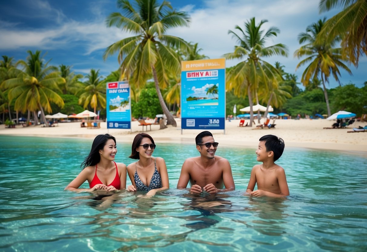 A Singaporean family enjoying Phuket beach, surrounded by palm trees and clear blue water, with promotional signs in the background
