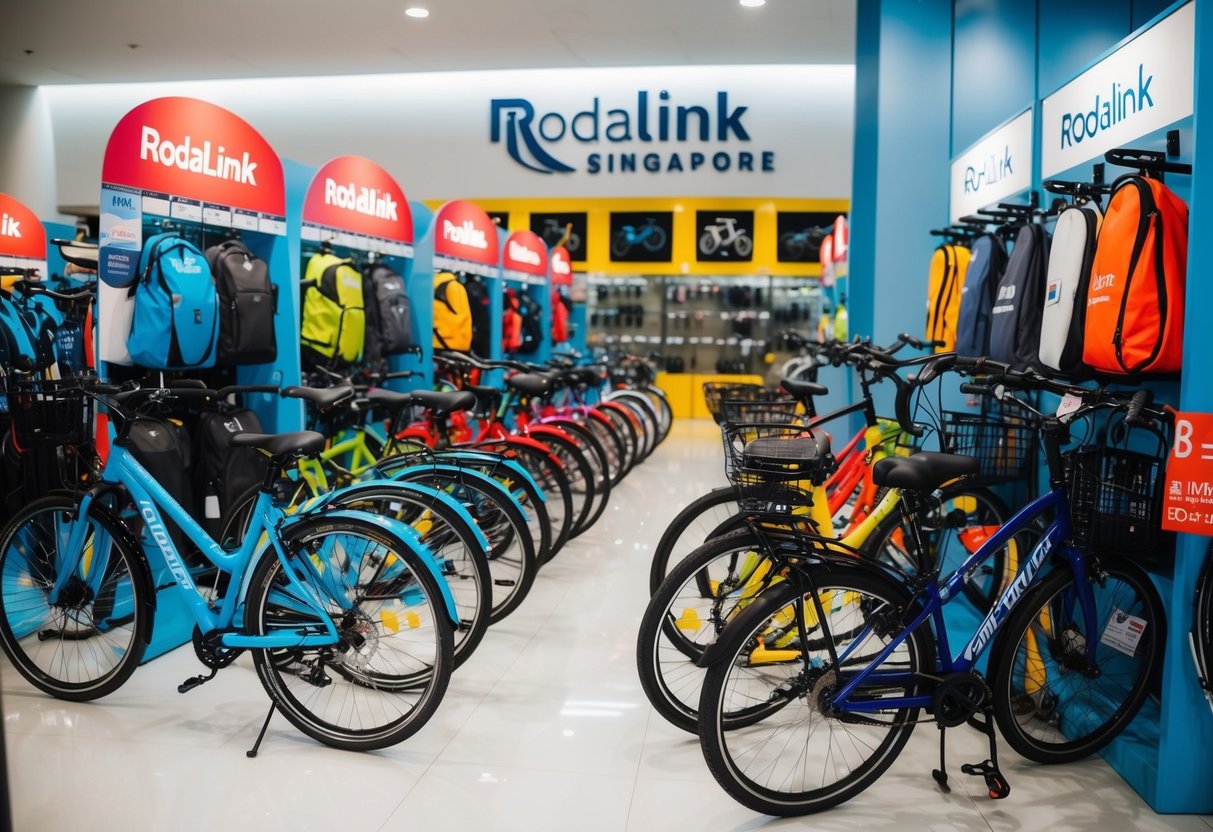 A colorful display of discounted bicycles and accessories at Rodalink Singapore