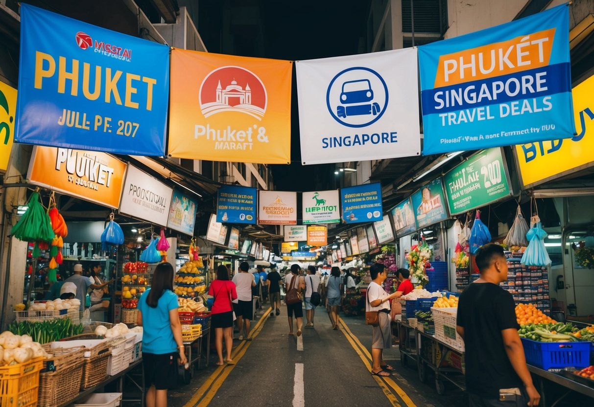 A bustling street market with colorful promotional banners and signs for Phuket and Singapore travel deals