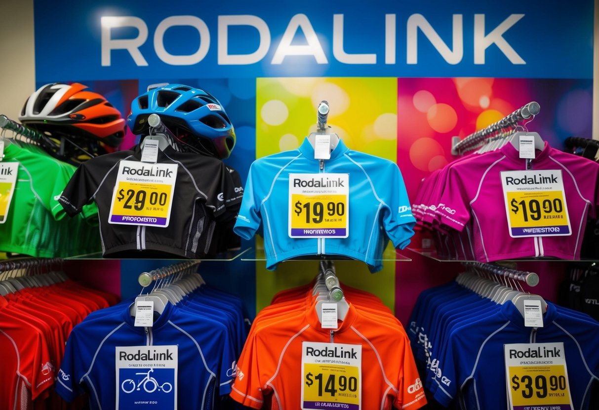 A colorful display of cycling gear with discounted prices at Rodalink promotions