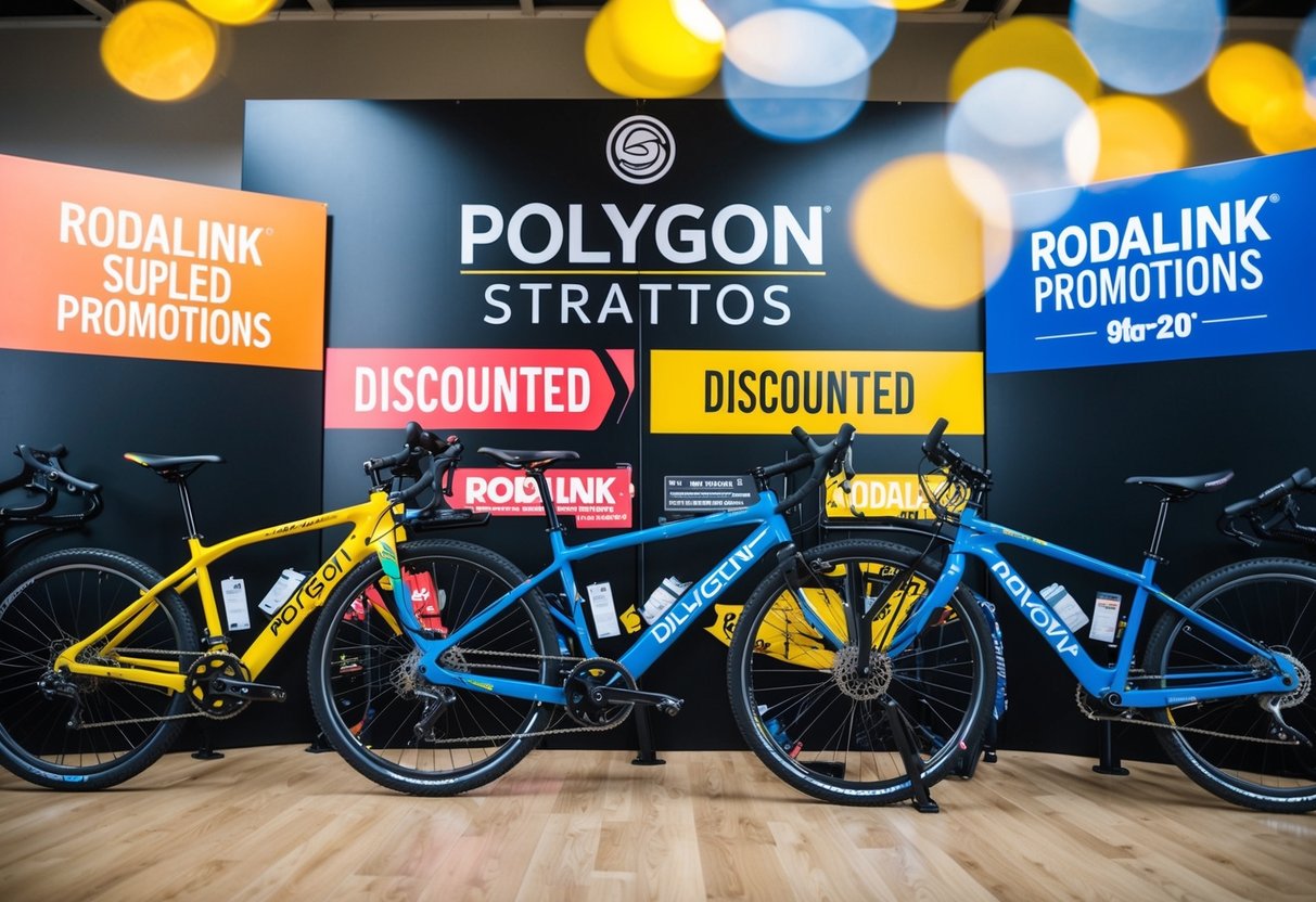 A colorful display of Polygon Strattos bikes with "Discounted" and "Rodalink promotions" signage