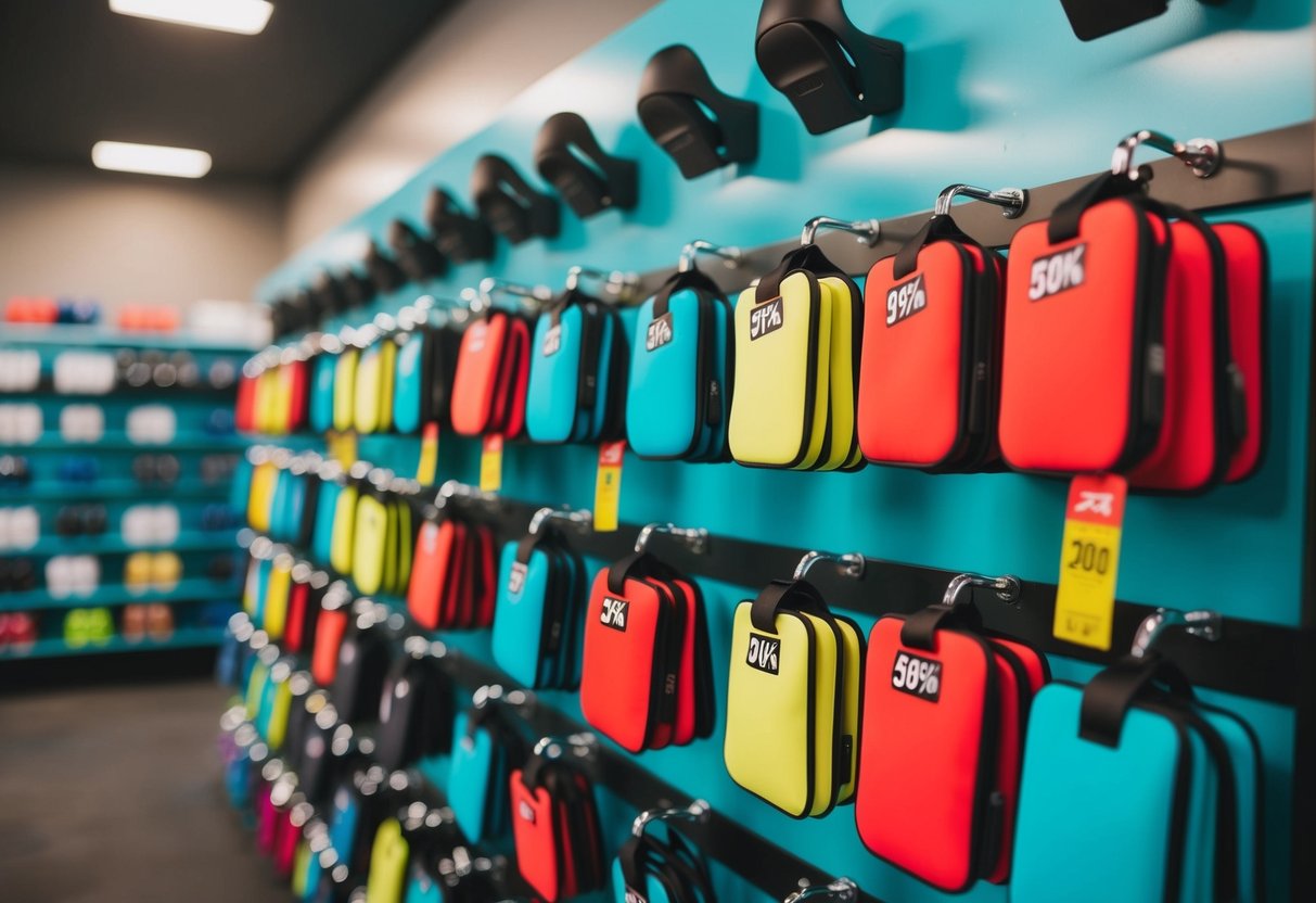 A colorful display of cycling accessories with discount tags
