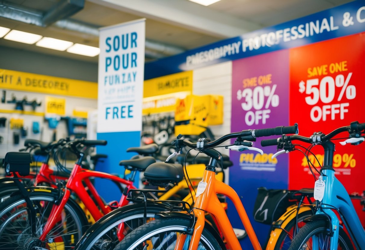 A colorful display of bicycles and accessories with promotional banners and discount codes