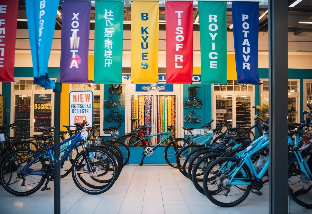 A bicycle shop with colorful banners, bikes displayed, and a promotional sign