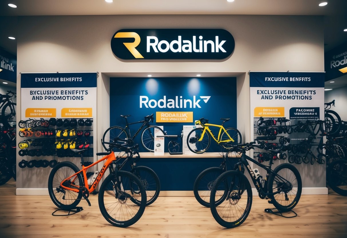 A bicycle shop with a prominent Rodalink logo, featuring various bikes and accessories on display, with a banner promoting exclusive benefits and promotions