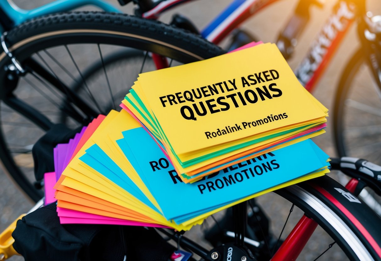 A stack of colorful flyers with the words "Frequently Asked Questions" and "rodalink promotions" printed on them, surrounded by bicycles and cycling accessories