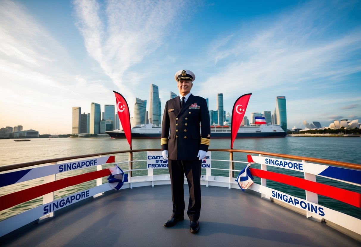 A captain stands proudly on the deck of a ship, with the city of Singapore in the background, surrounded by flags and banners celebrating their promotion