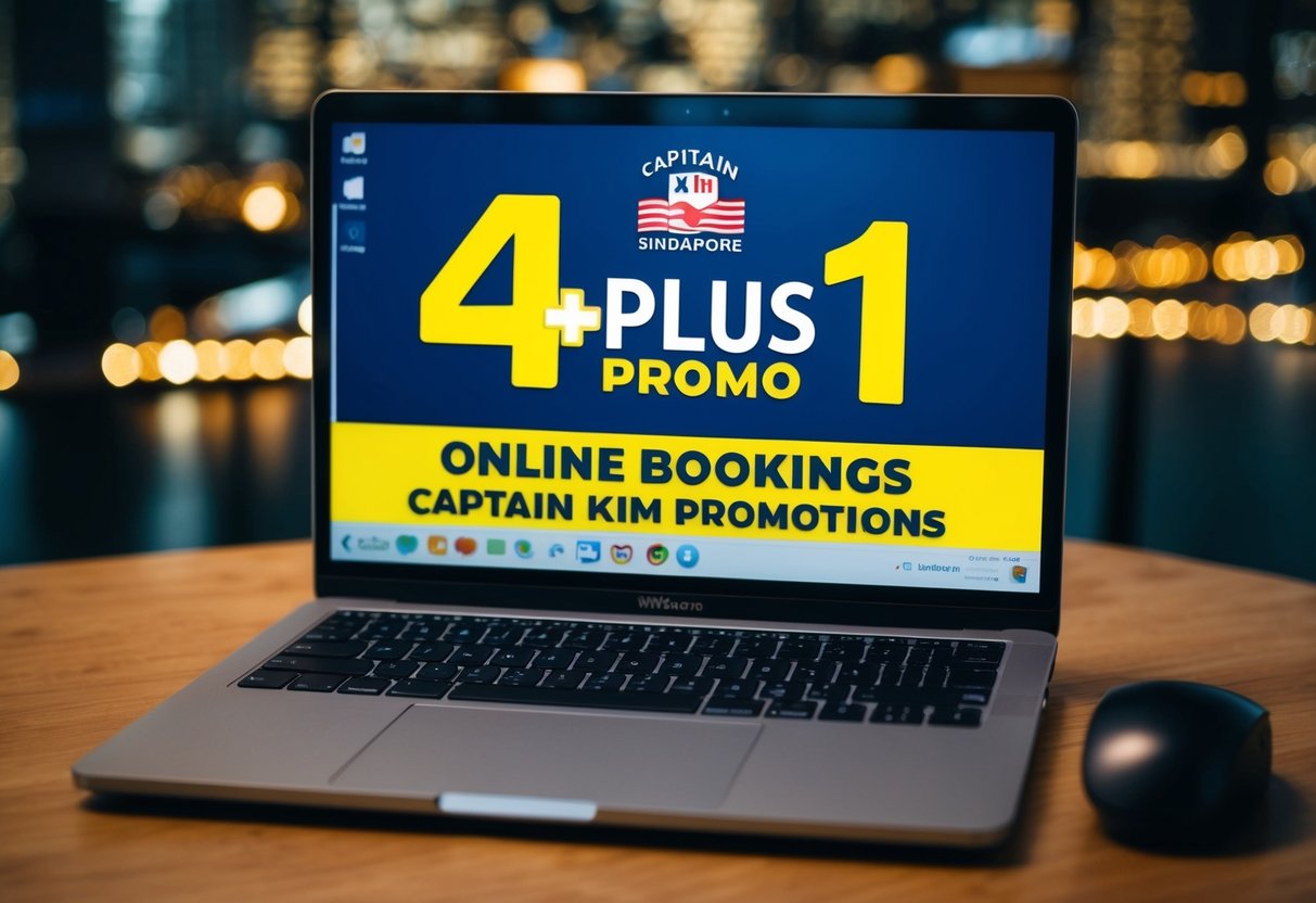 A laptop with the "4PLUS1" promo code displayed on the screen for online bookings for Captain Kim Promotions in Singapore