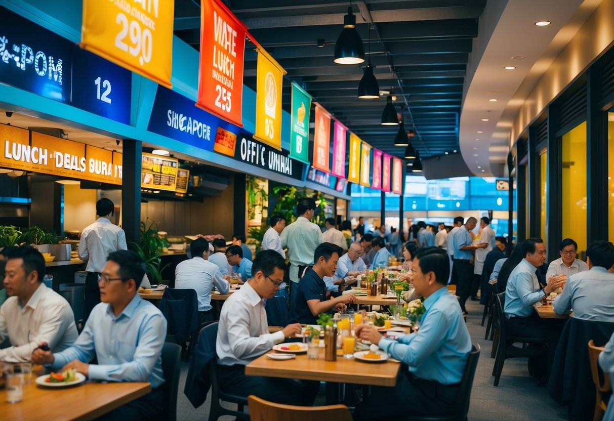 A bustling restaurant with colorful banners advertising lunch deals, surrounded by busy office workers in the heart of Singapore