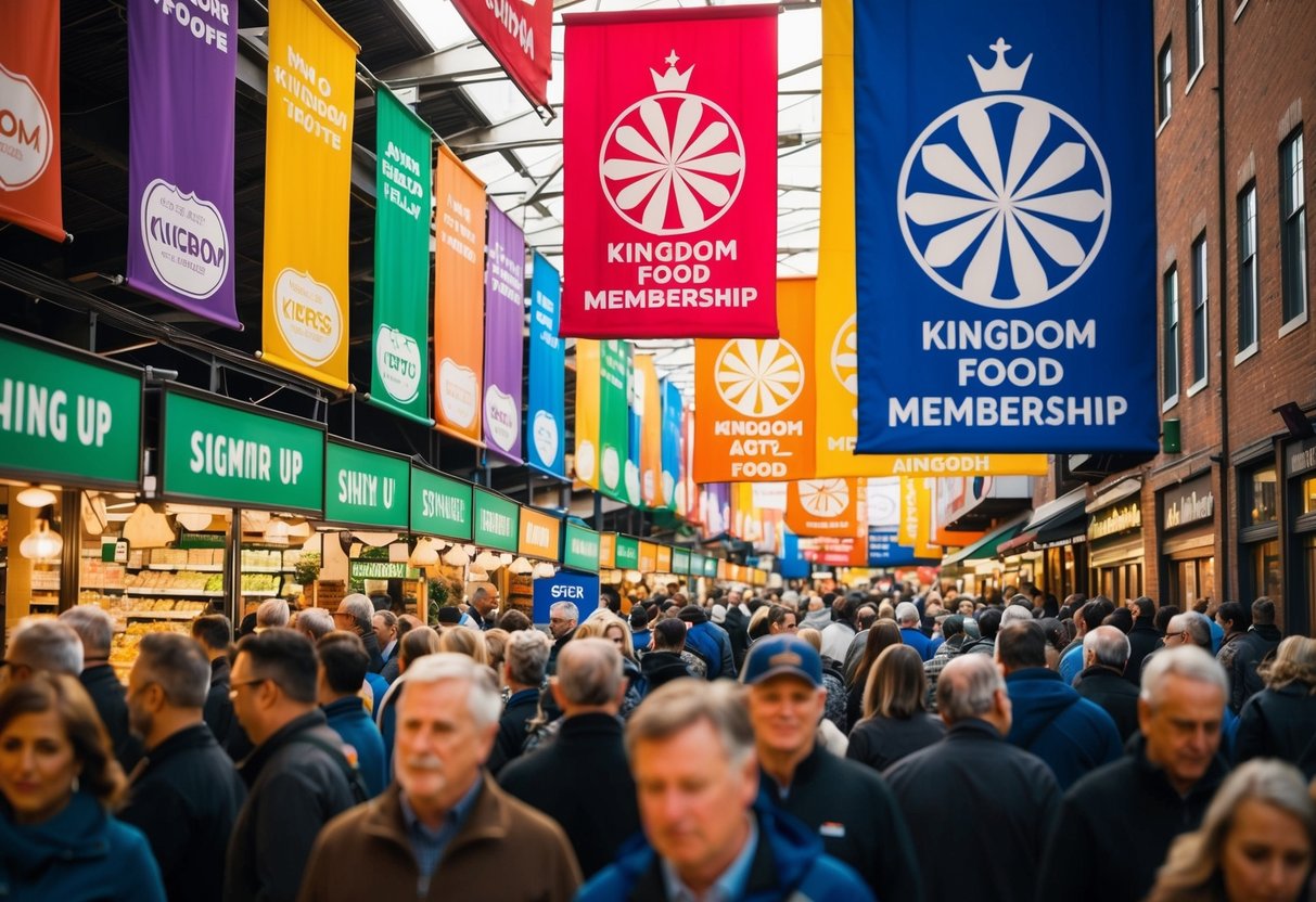 A bustling marketplace with colorful banners and a crowd of people signing up for Kingdom Food membership