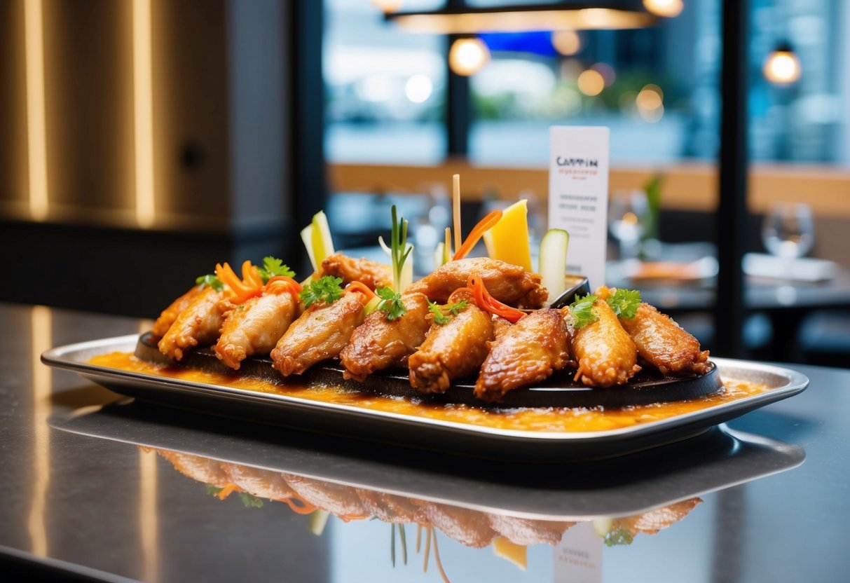 A sizzling platter of Korean Chicken Wings with colorful garnishes, set on a sleek table at Captain Kim Promotions in Singapore