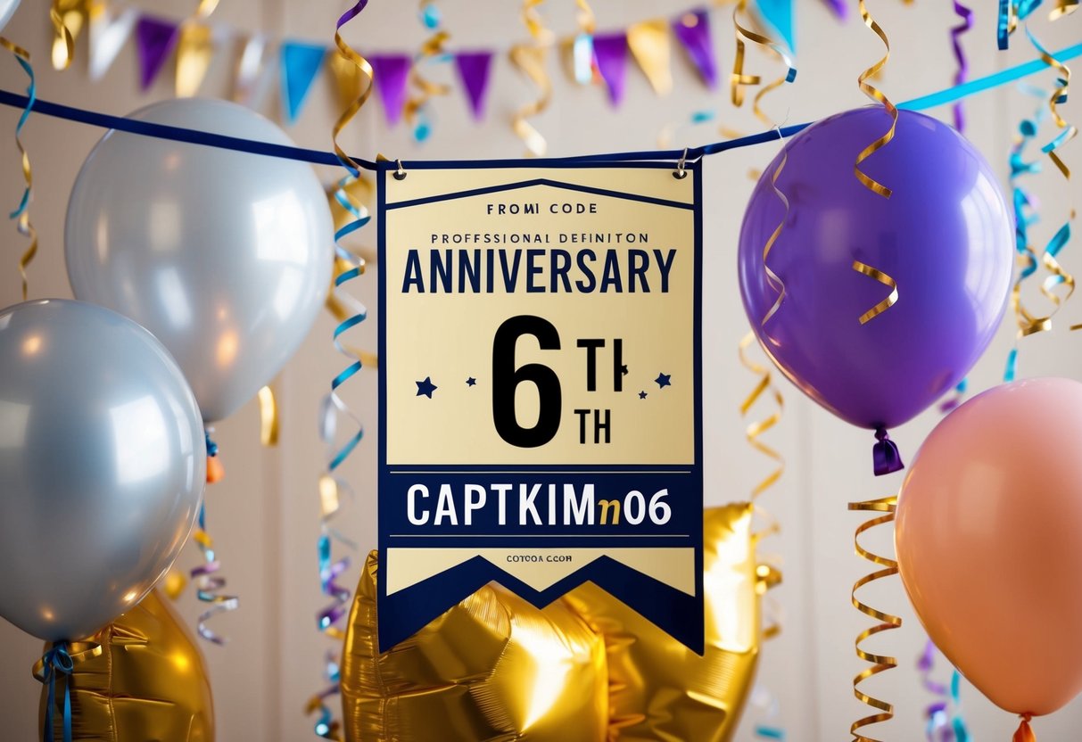 A festive scene with balloons, confetti, and a banner displaying "6th anniversary" and "CAPTKIM06" promo code