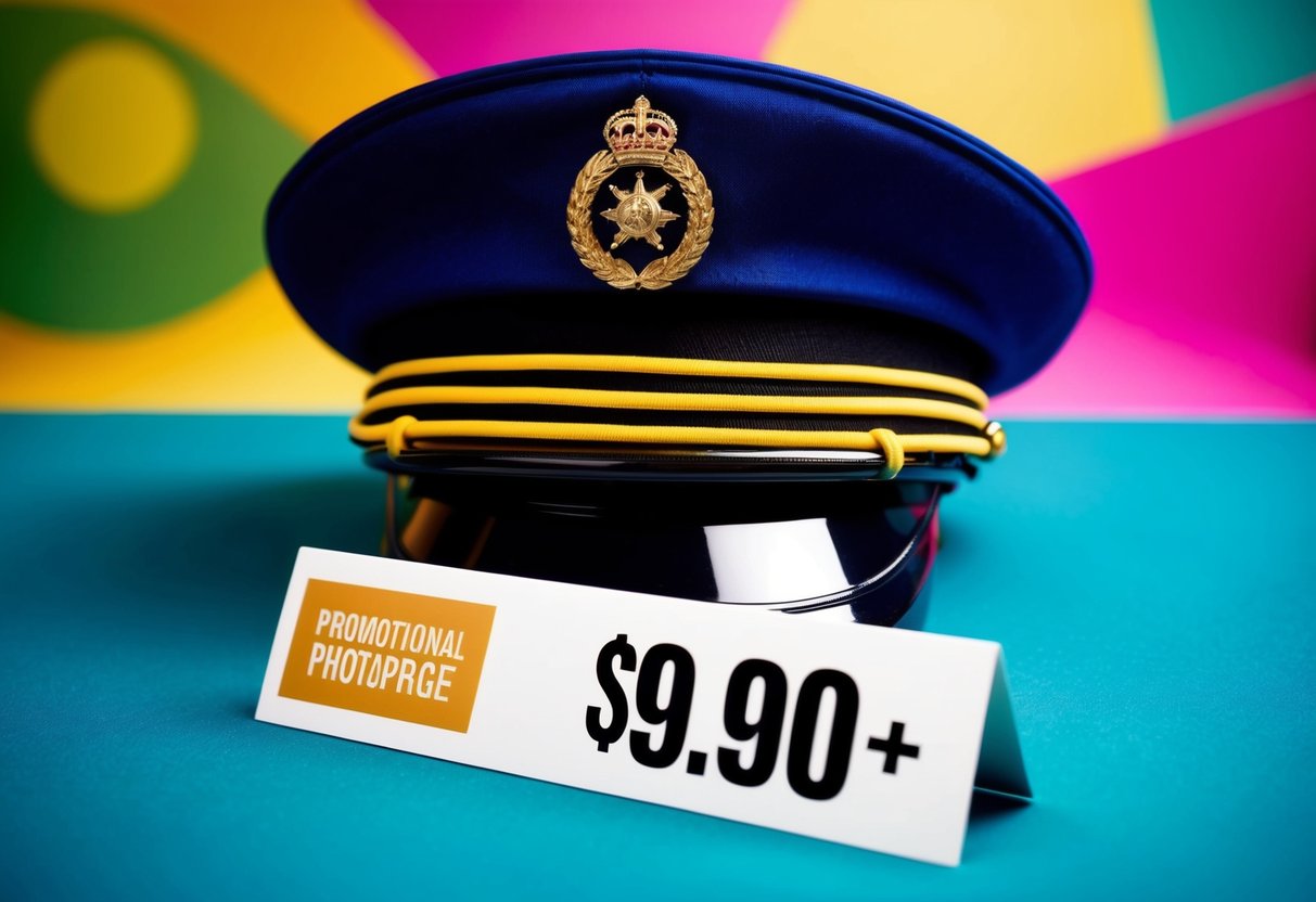 A captain's hat on a vibrant background with a promotional banner and the price of $9.90++ prominently displayed