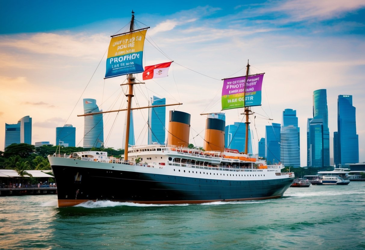 A vintage ship sailing through a bustling Singapore harbor, with colorful promotional banners flying from the mast