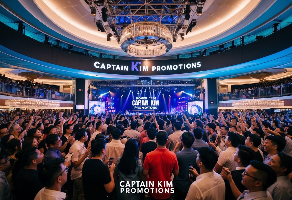 A bustling Singaporean entertainment venue with vibrant lights and energetic crowds, hosted by Captain Kim Promotions
