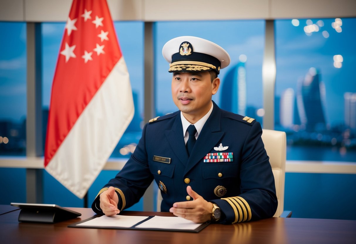 A captain in uniform answering questions at a desk with a Singapore flag in the background