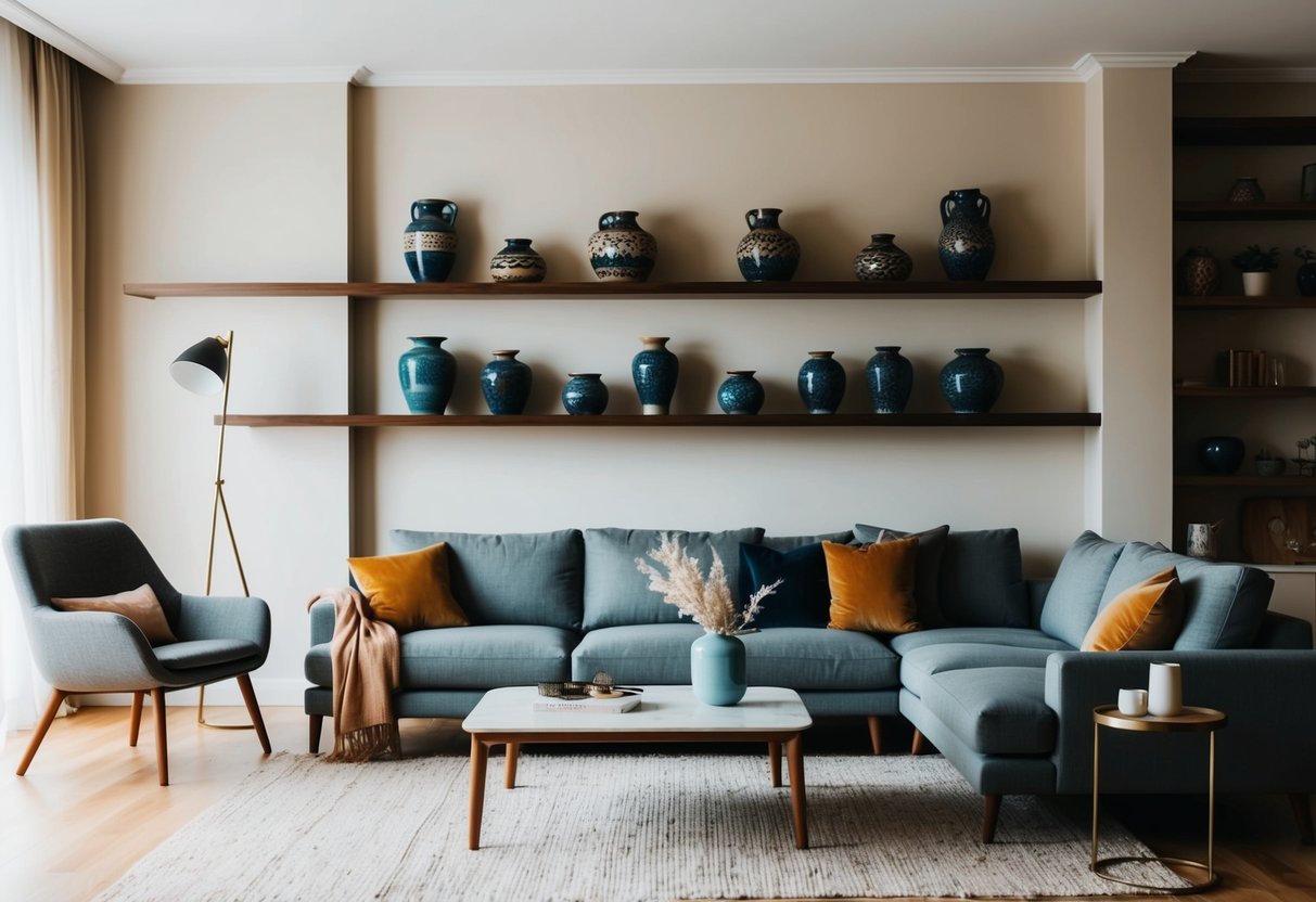 A cozy living room with a modern sofa, a stylish coffee table, and decorative pottery displayed on the shelves