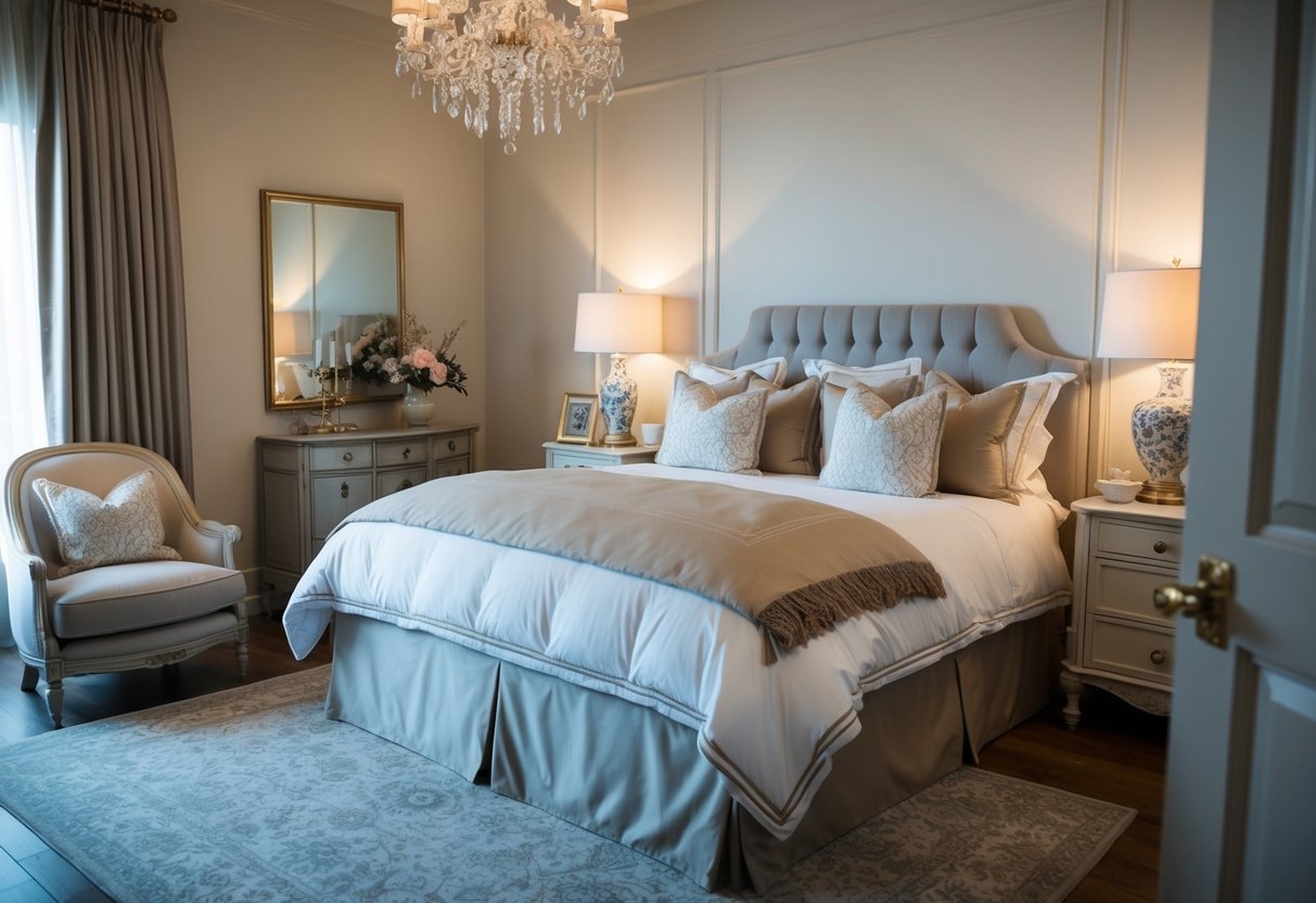 A cozy bedroom with a luxurious bed covered in high-quality bedding, surrounded by elegant decor and soft lighting