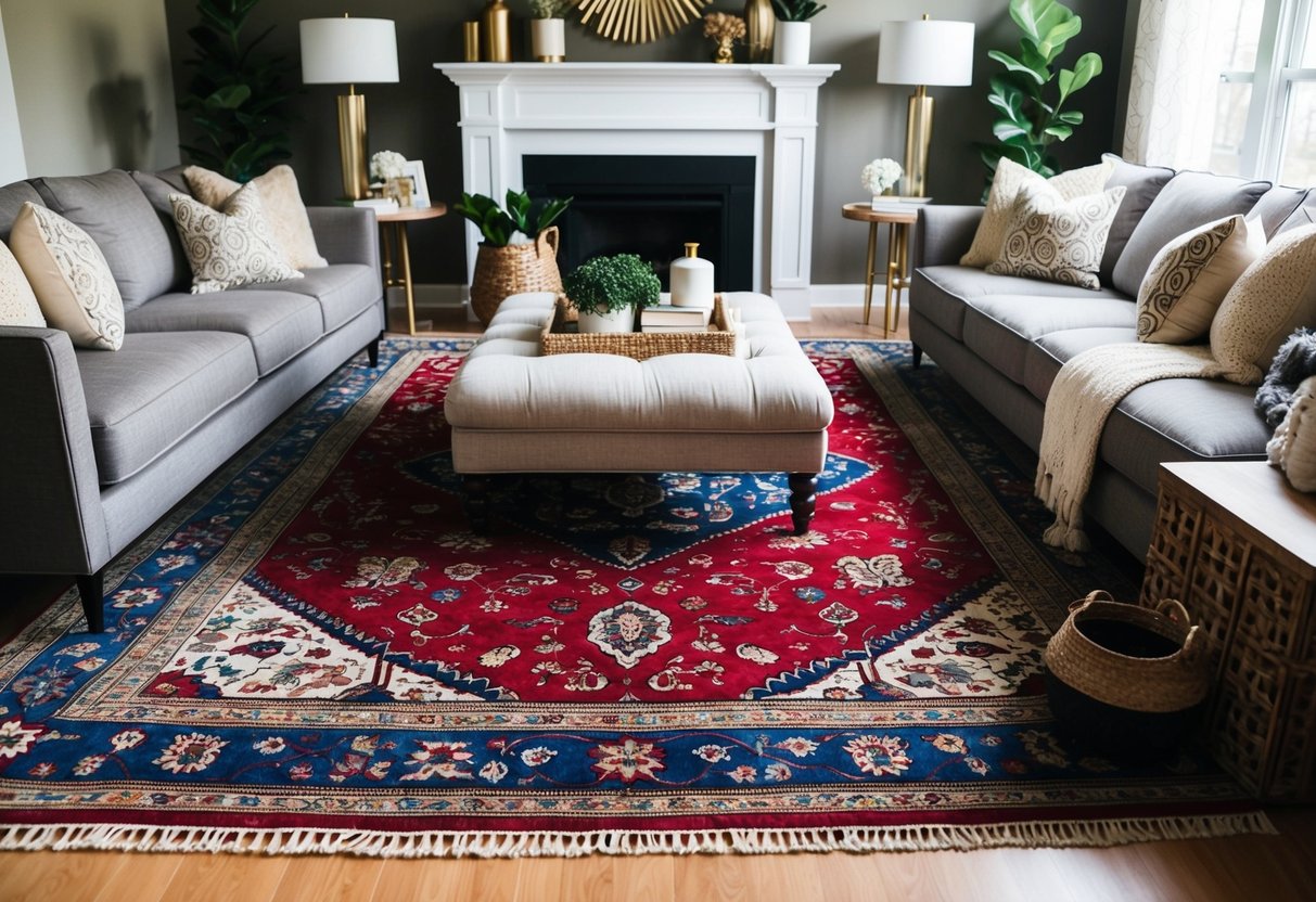 A cozy living room with a large, patterned rug taking center stage, surrounded by stylish furniture and decorative accents