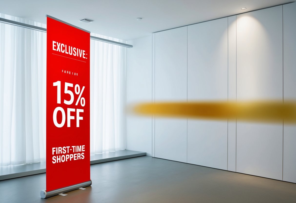 A bright red banner with "Exclusive: 15% off for first-time shoppers" displayed prominently against a clean, modern backdrop