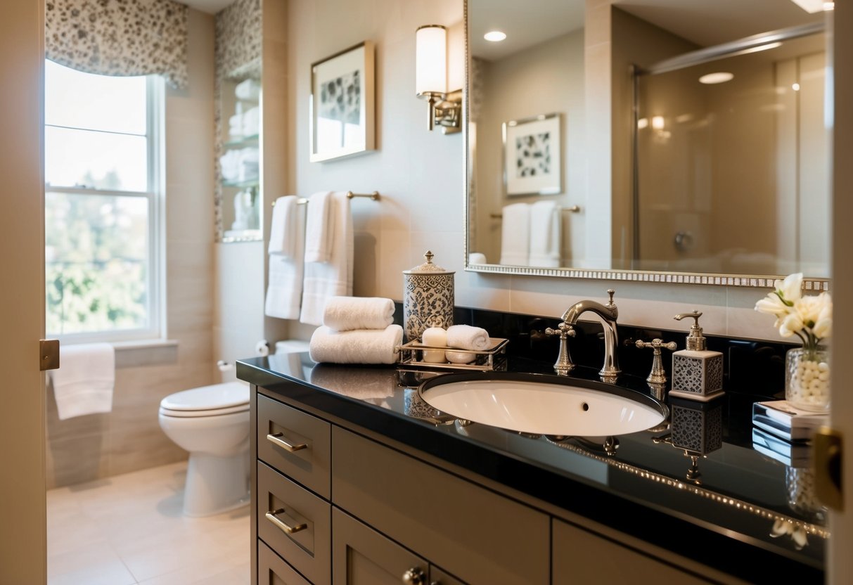 A cozy bathroom with elegant bath accessories displayed on a sleek countertop. Soft towels and decorative items add a touch of luxury