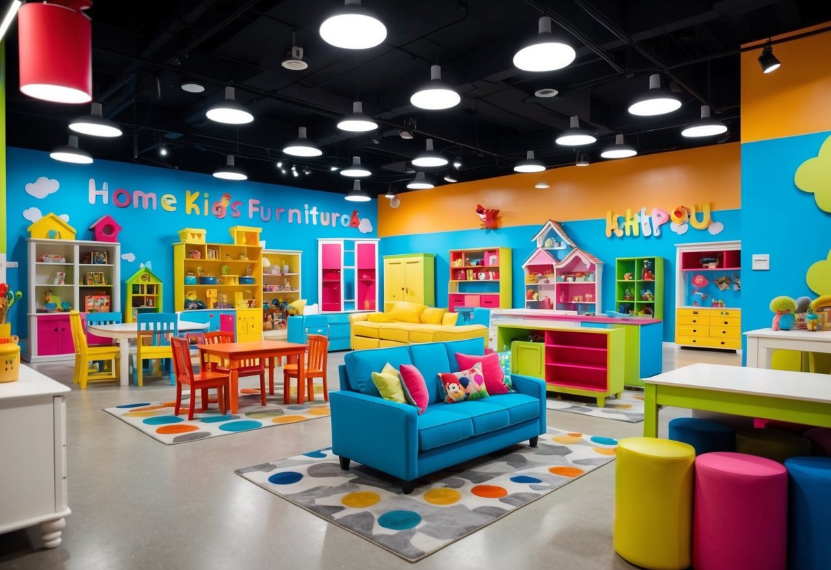 Brightly colored kids' furniture and decor on display in a spacious showroom