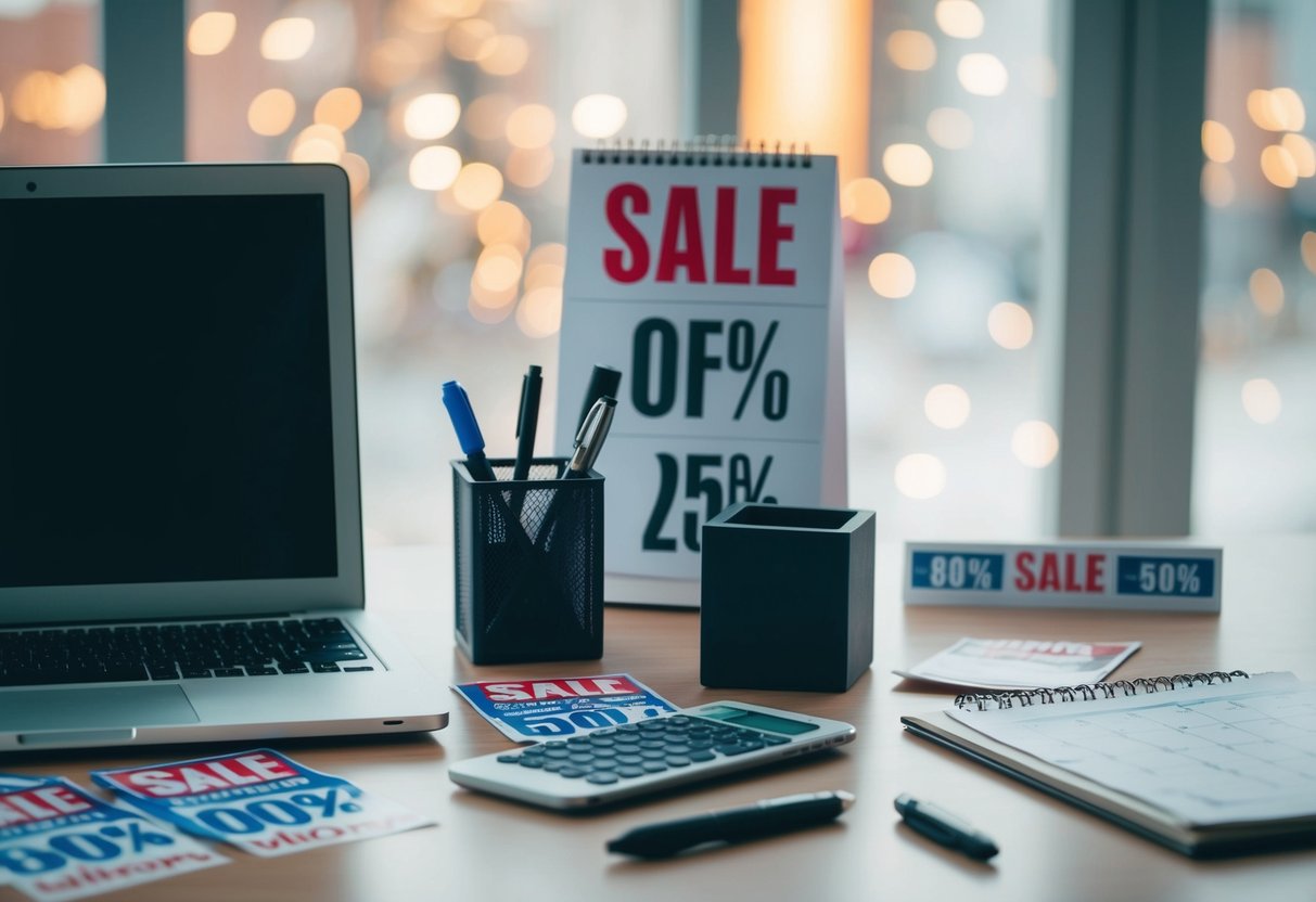 A cluttered desk with a laptop, pen holder, and calendar. Sale signs and discount stickers are scattered around