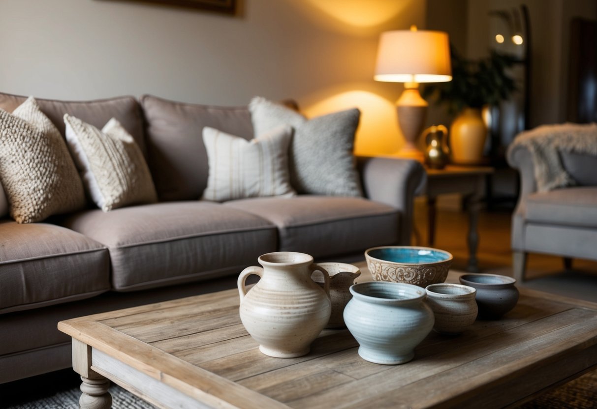 A cozy living room with a plush sofa, soft throw pillows, and warm lighting. A rustic wooden coffee table displays carefully arranged pottery and decorative accents