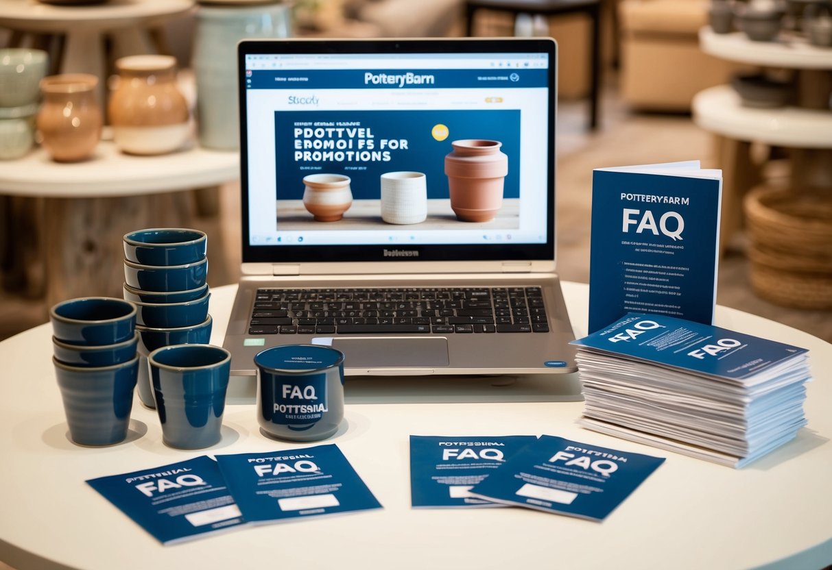 A table with various potterybarn products, a laptop displaying promotions, and a stack of FAQ pamphlets