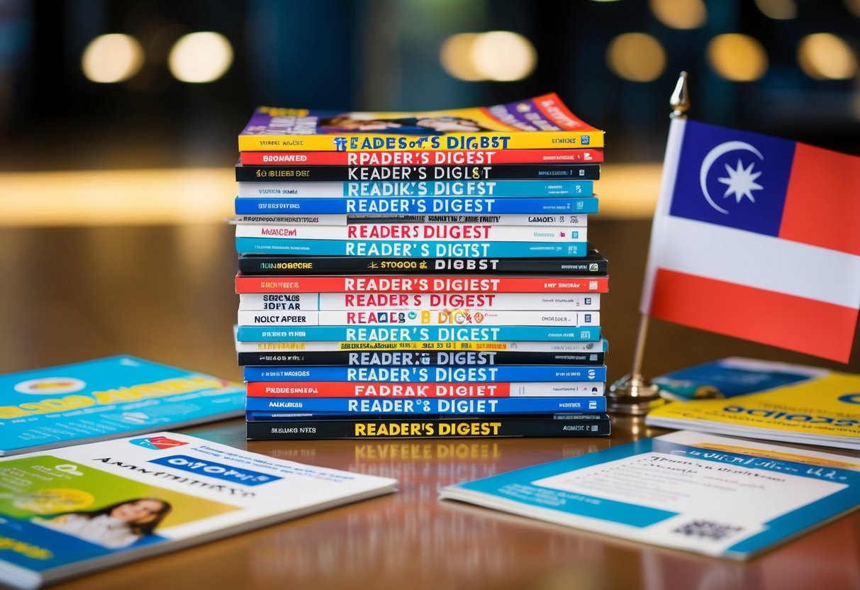 A stack of colorful Reader's Digest magazines surrounded by promotional materials and a Singaporean flag