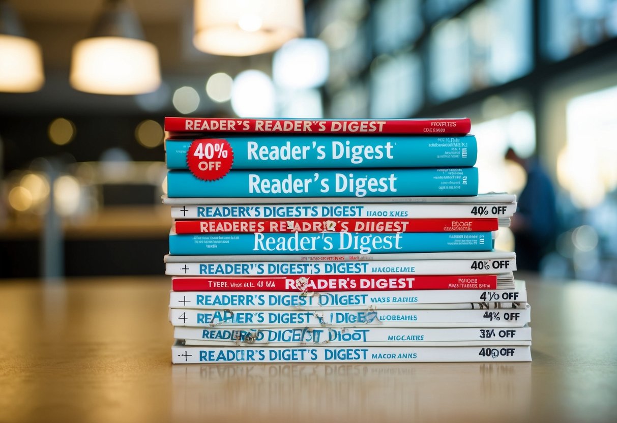 A stack of Reader's Digest magazines with a prominent "40% off" sticker