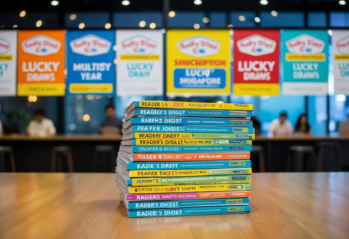 A stack of colorful reader's digest magazines with a banner advertising multi-year subscription lucky draws in Singapore