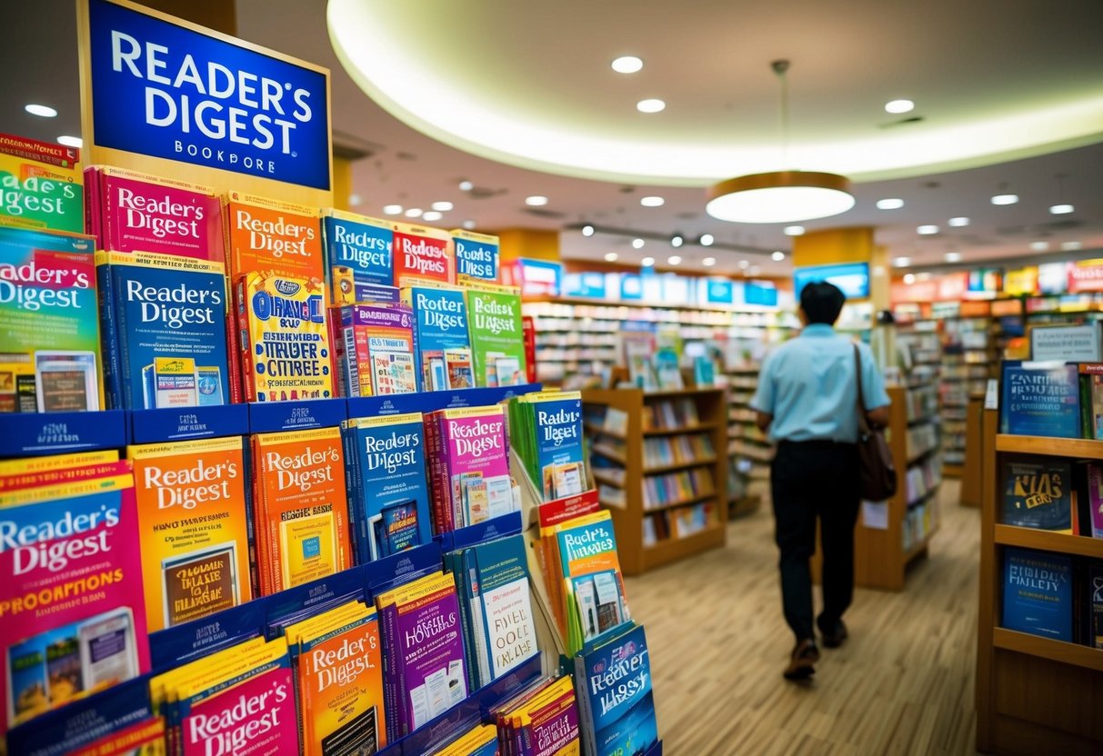 A colorful display of Reader's Digest promotions in a bustling Singapore bookstore