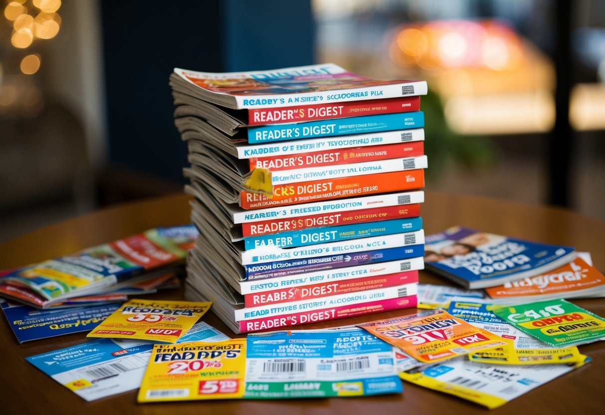 A stack of colorful Reader's Digest magazines surrounded by various promotional offers and discount coupons