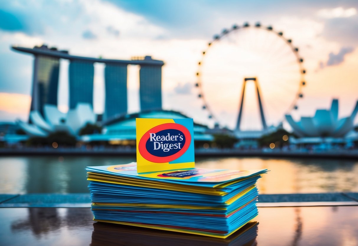 A stack of colorful promotional flyers, a logo of Reader's Digest, and a Singaporean landmark in the background