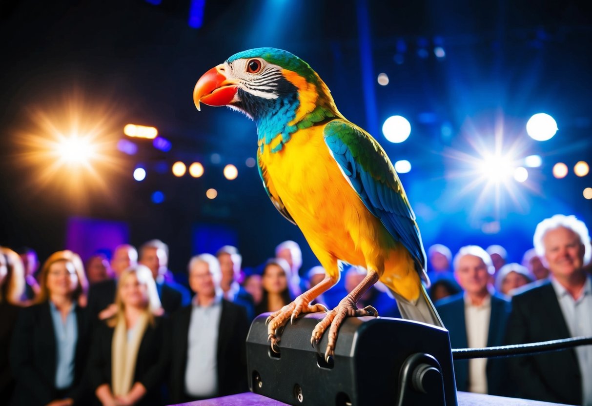 A colorful bird perched on a stage with bright lights and a crowd of onlookers
