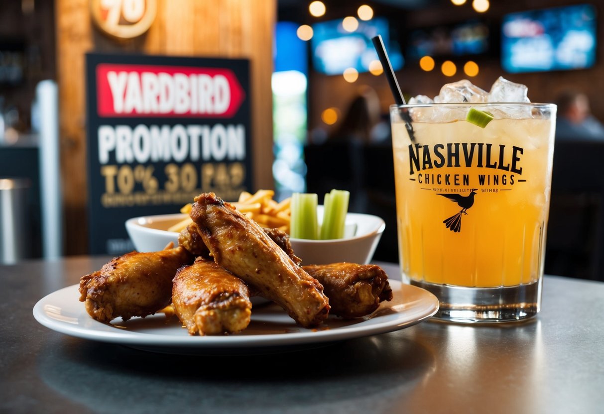 A plate of Nashville chicken wings next to a cocktail on a table with a yardbird promotion sign in the background