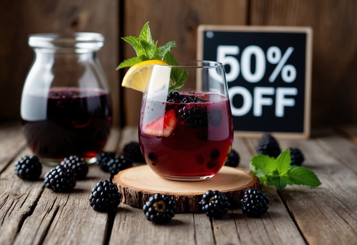 A glass of Blackberry Bourbon Lemonade on a rustic wooden table, surrounded by fresh blackberries and a sprig of mint, with a "50% off" sign in the background