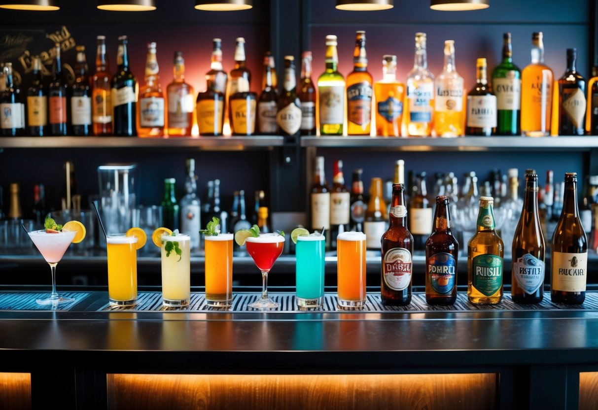 A bustling bar scene with colorful cocktails and a variety of beers, wines, and spirits displayed on shelves and tables