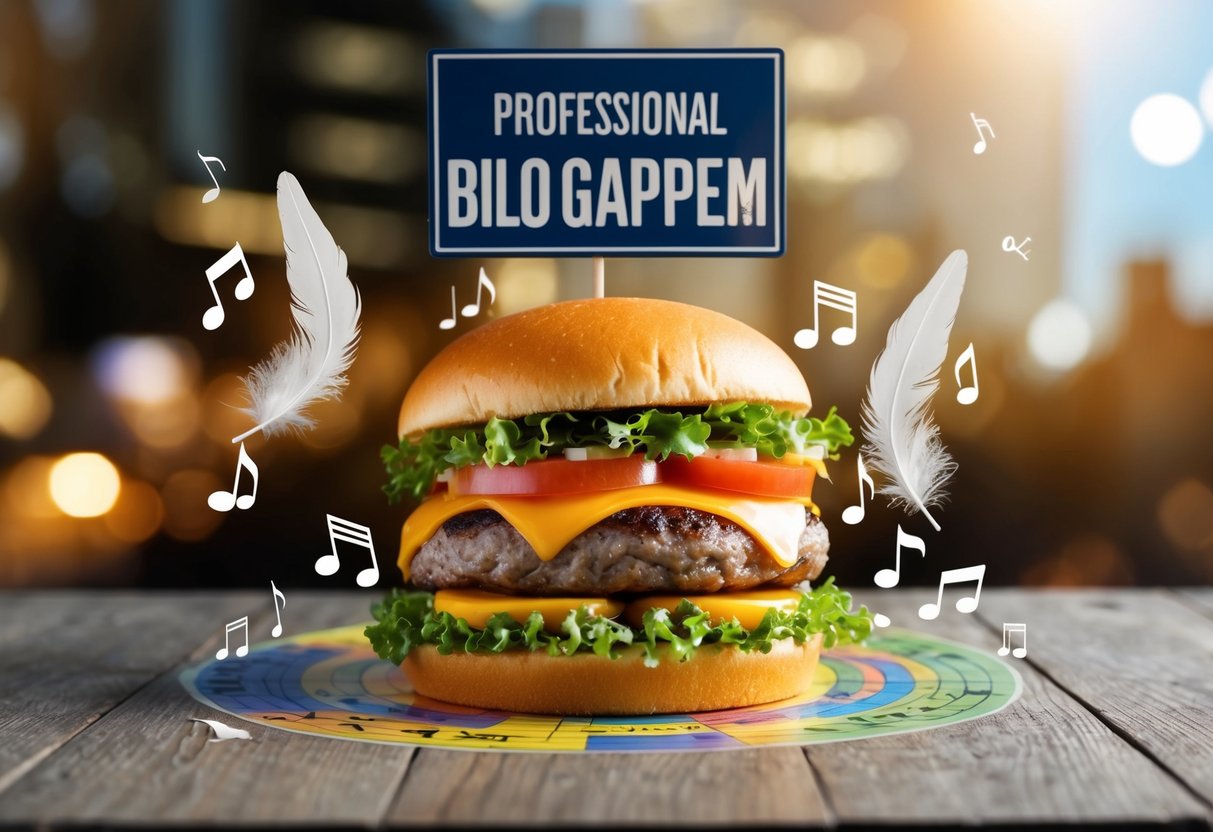 A colorful burger surrounded by music notes and bird feathers, with a promotional sign overhead