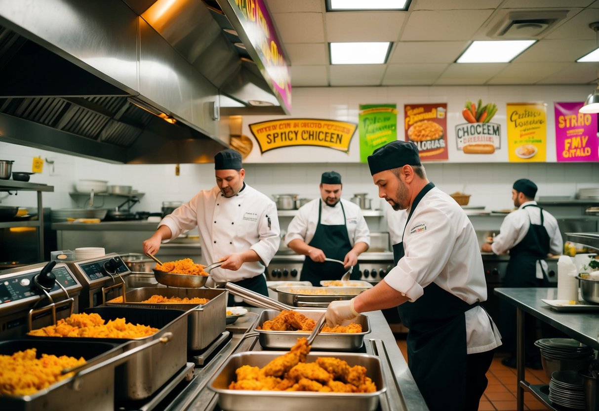 A bustling restaurant kitchen with sizzling fryers, chefs preparing spicy chicken specials, and colorful promotional banners decorating the walls
