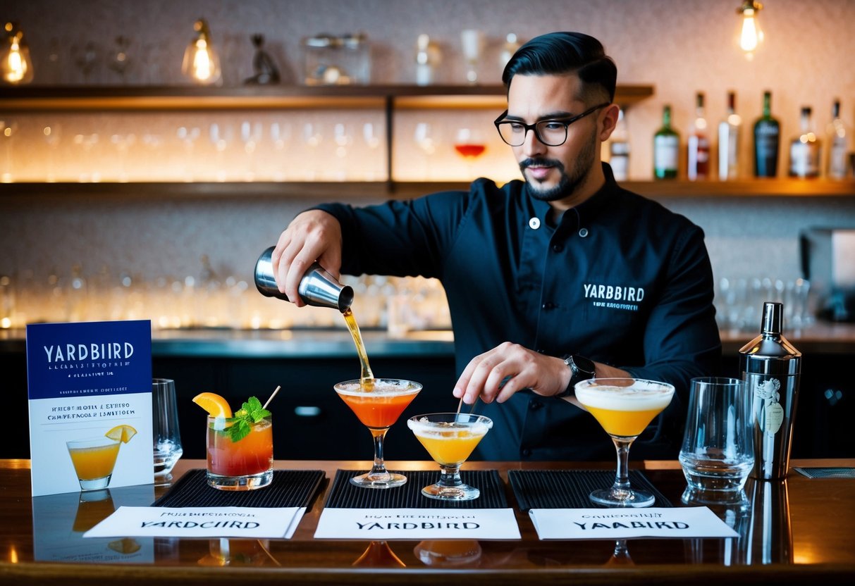 A bartender expertly mixes and pours Yardbird signature cocktails, surrounded by promotional materials and stylish glassware