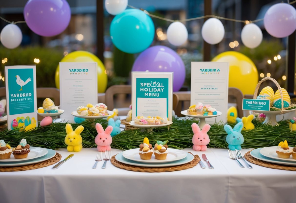 A table adorned with Easter treats and a special holiday menu, with yardbird promotions displayed nearby