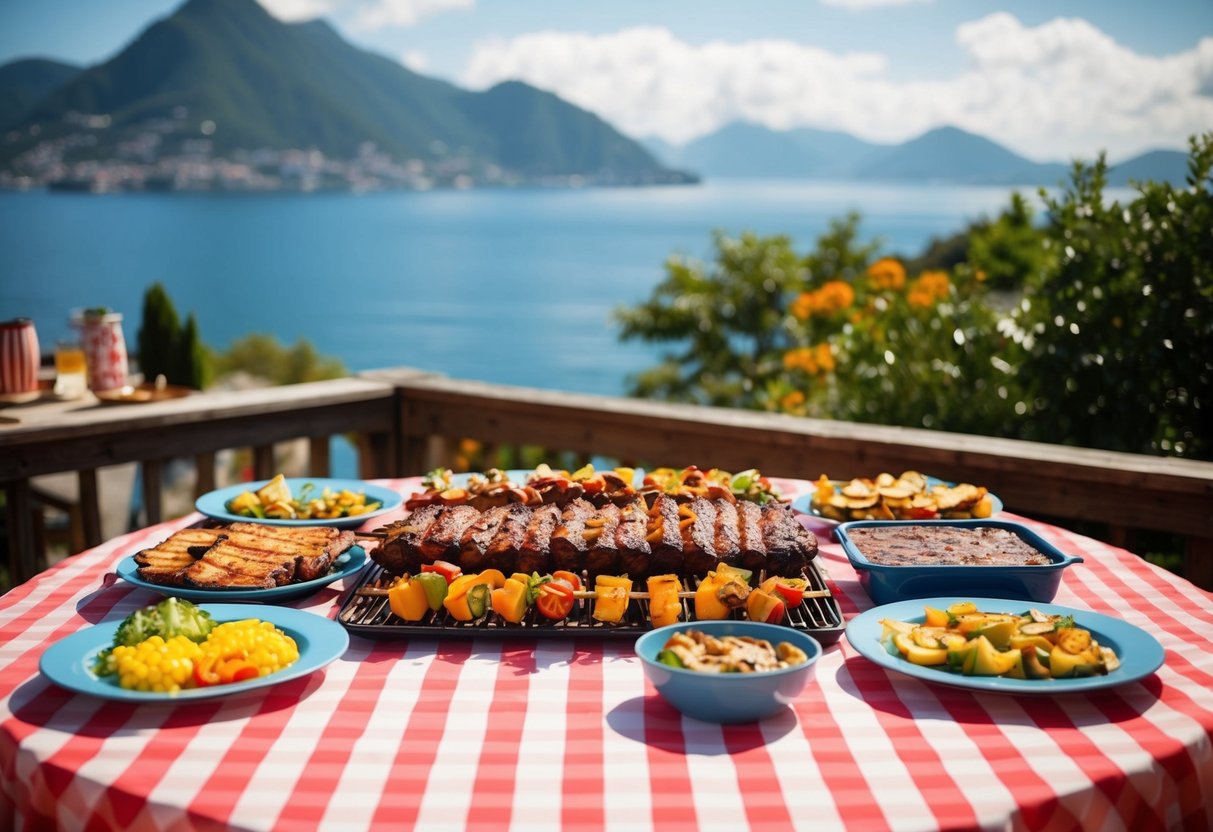 A colorful BBQ spread on a table overlooking a picturesque bay