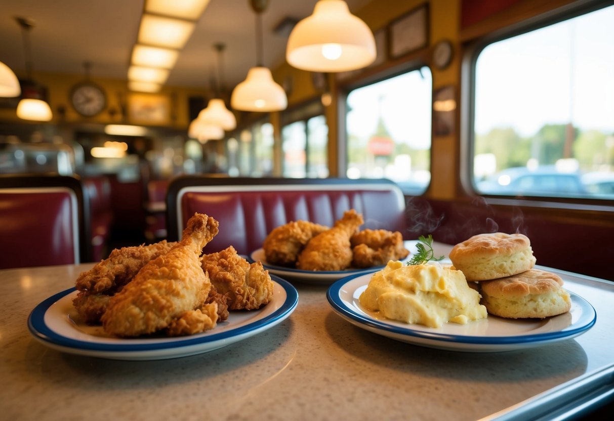 A cozy diner with steaming plates of fried chicken, mashed potatoes, and biscuits, surrounded by vintage decor and warm lighting