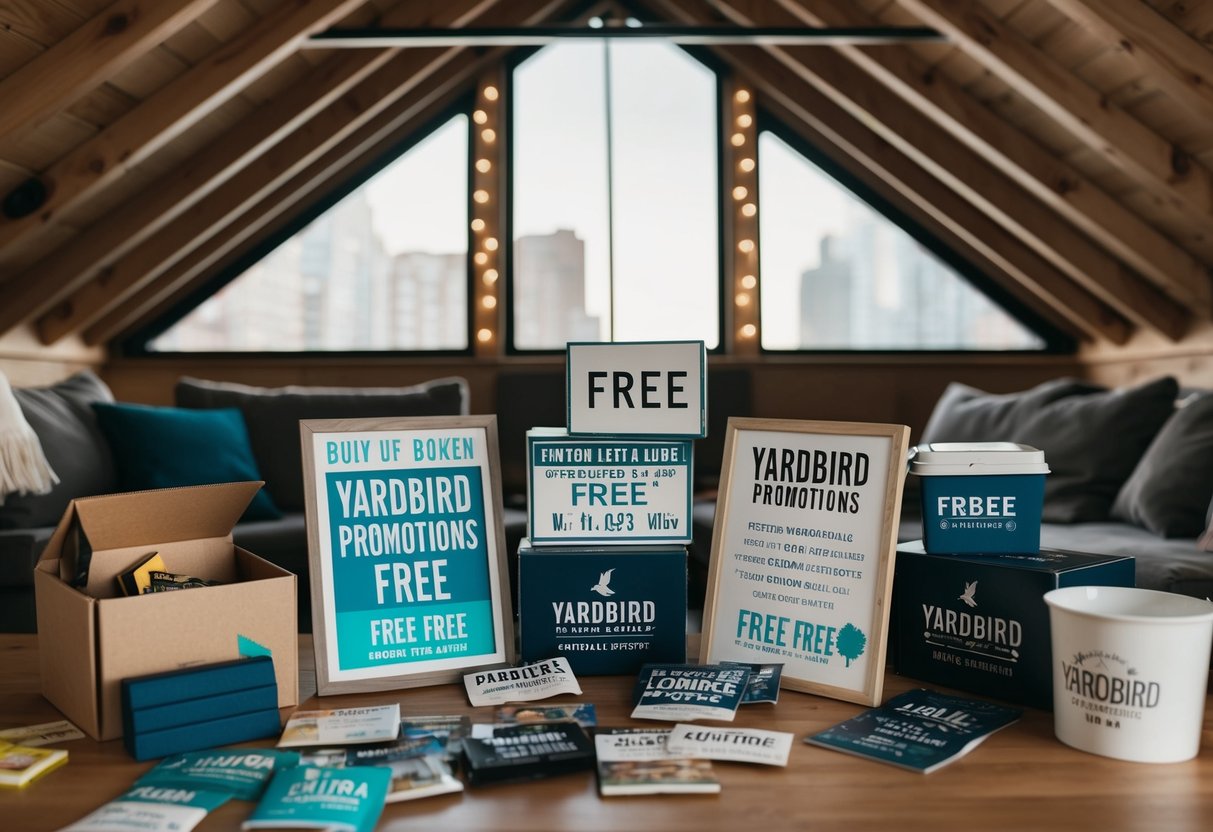 A cozy loft with free items scattered about, featuring a prominent display of yardbird promotions