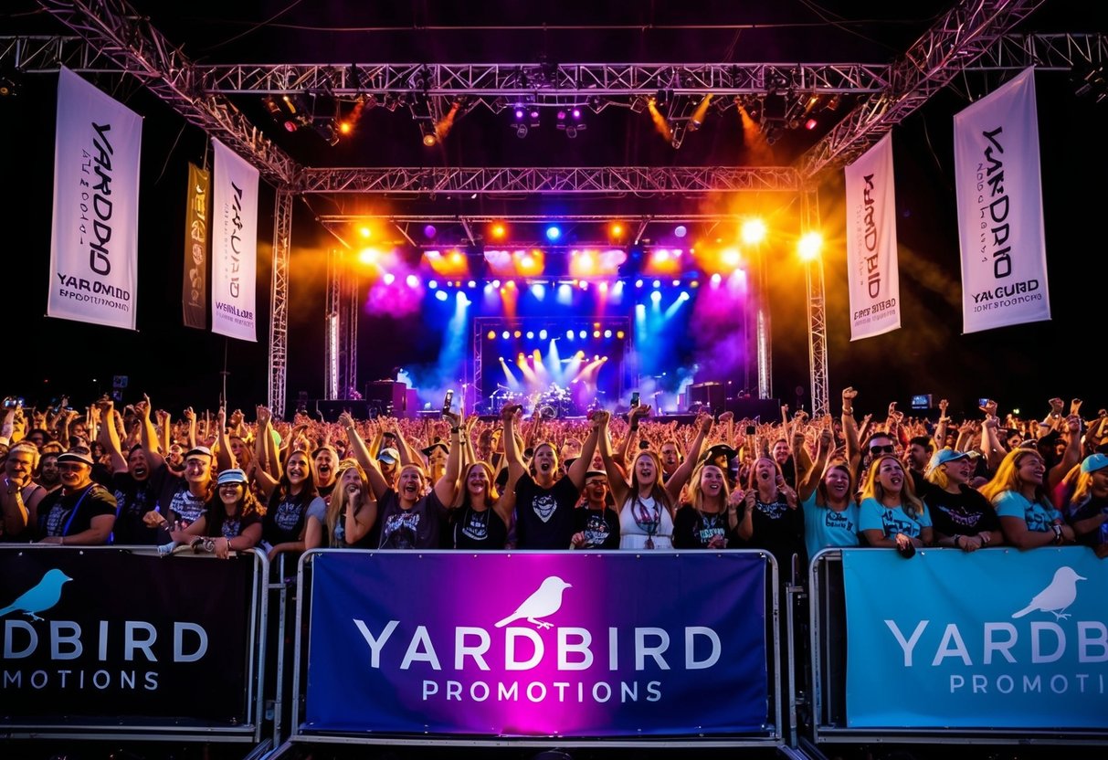 A vibrant concert stage with colorful lights and a crowd of cheering fans, surrounded by banners and promotional materials for Yardbird Promotions