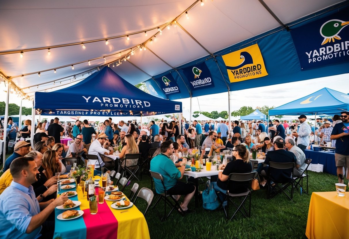 A colorful outdoor event with people enjoying live music, food, and drinks under a branded tent with Yardbird Promotions logos and banners