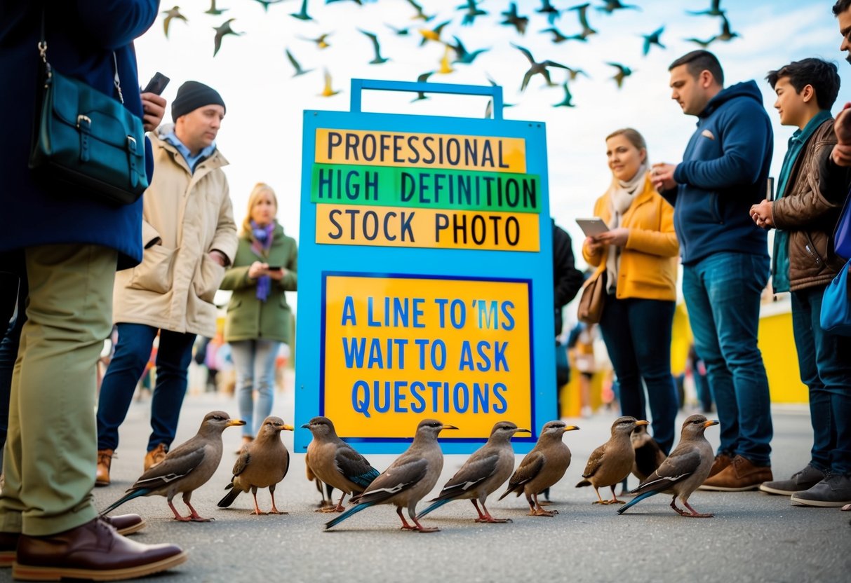 A colorful signboard surrounded by curious birds, with a line of people waiting to ask questions